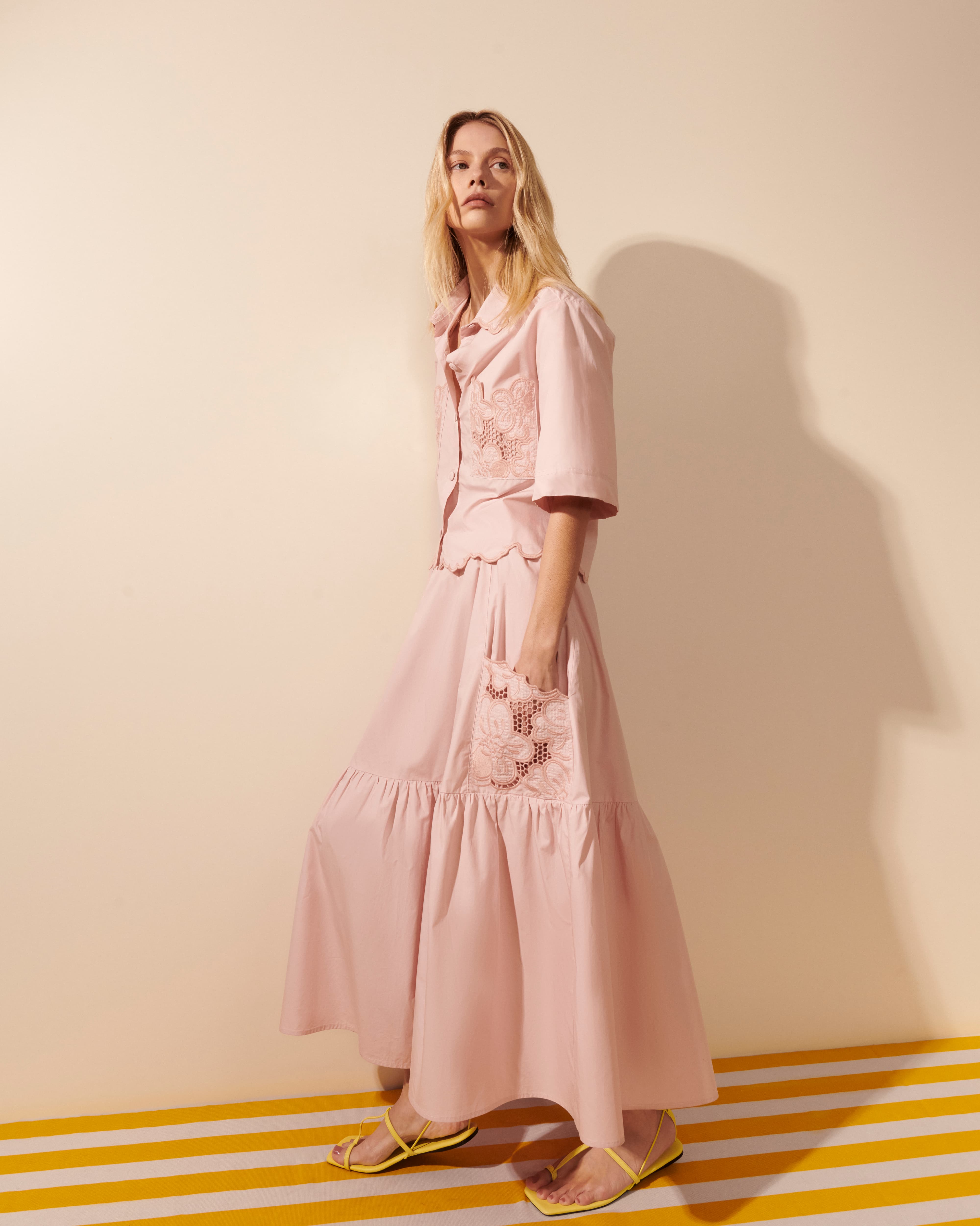Saia Algodão Longa Bolso Bordado Rosa Blush
