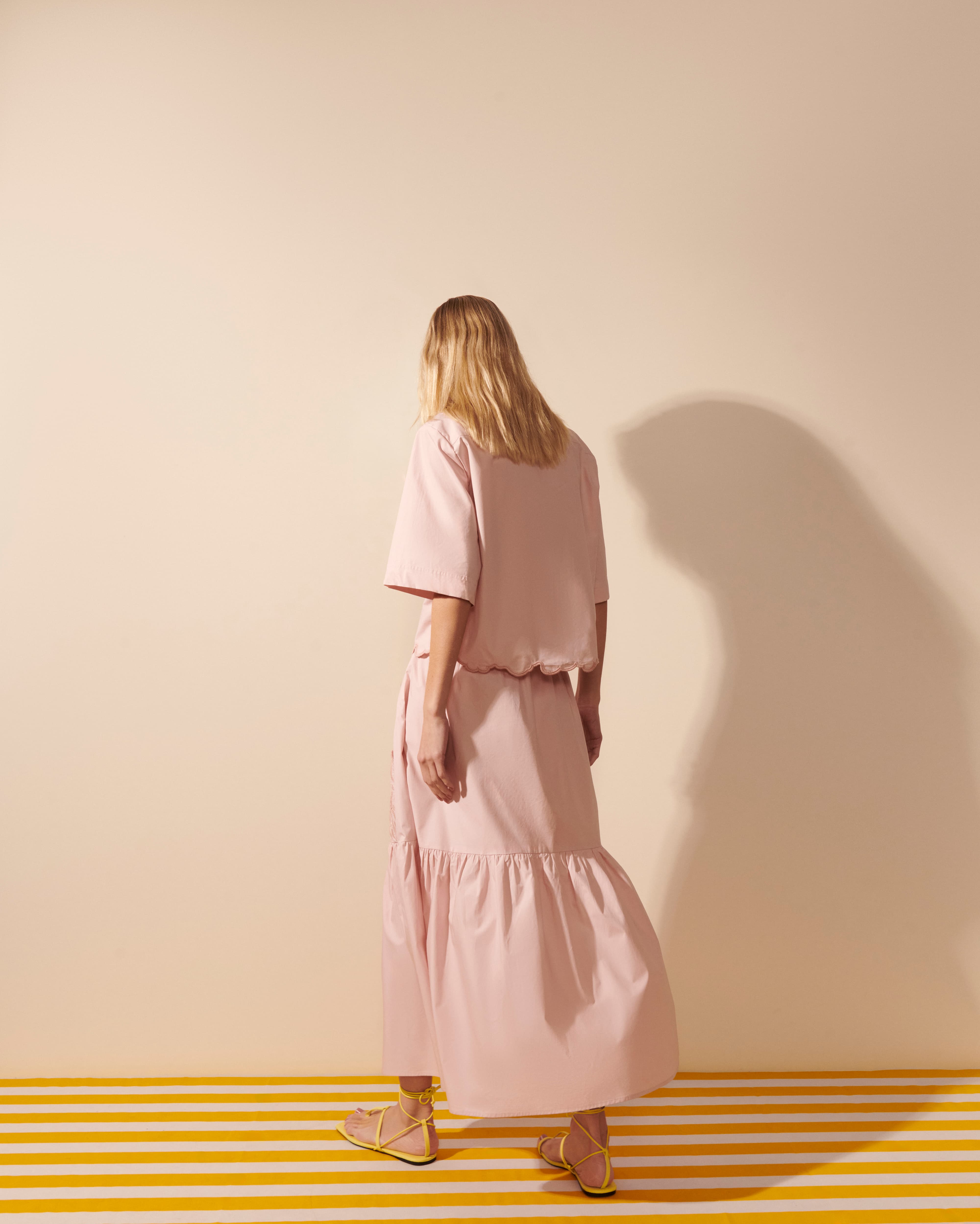 Saia Algodão Longa Bolso Bordado Rosa Blush - Shop Mes