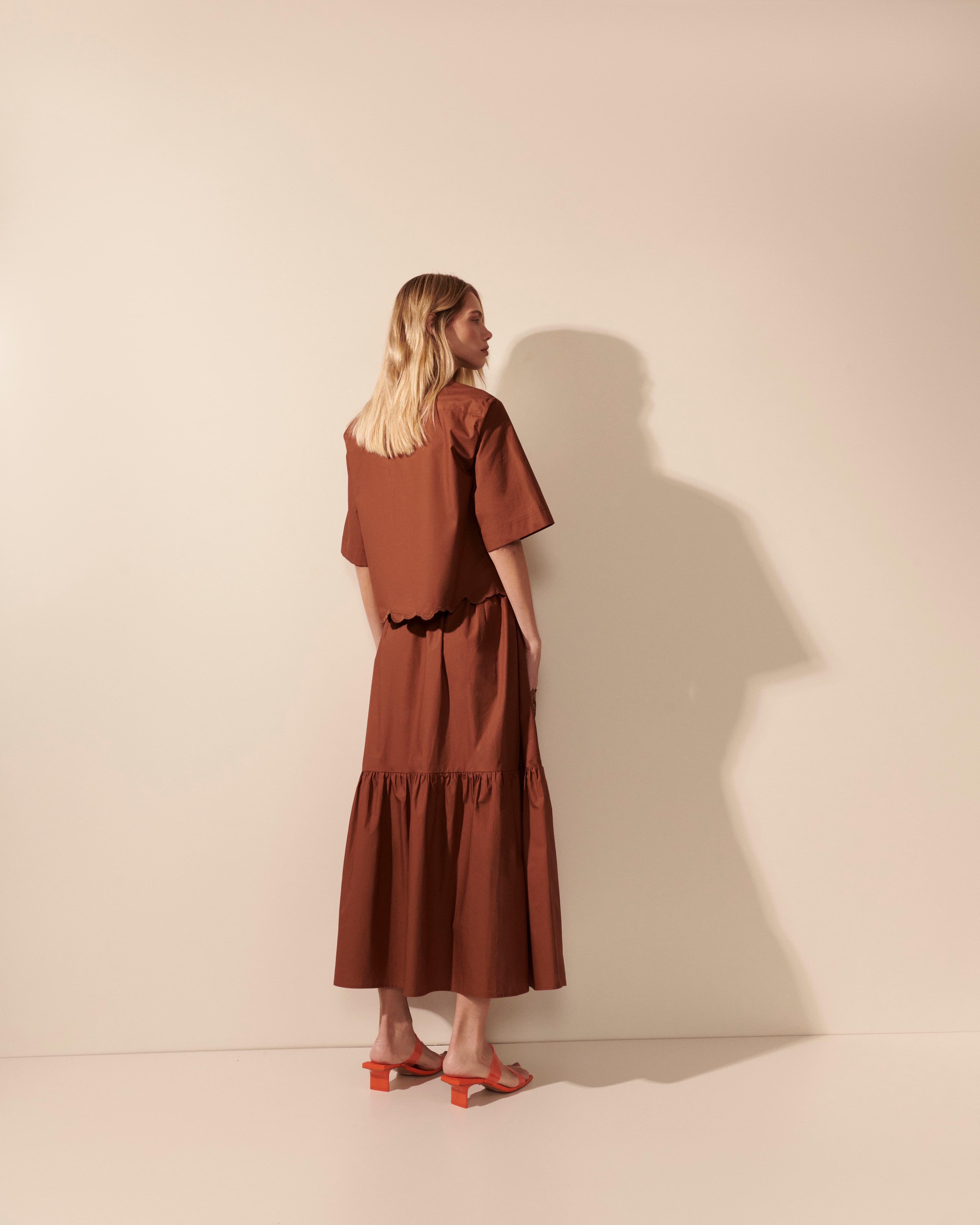Shop Mes - Saia Algodão Longa Bolso Bordado Cognac