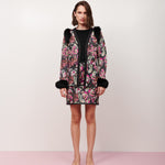 Cardigan tricot jacquard borboletas ombro/punho pele preto