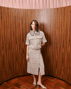 Casaqueto lã tweed gola pele cinza