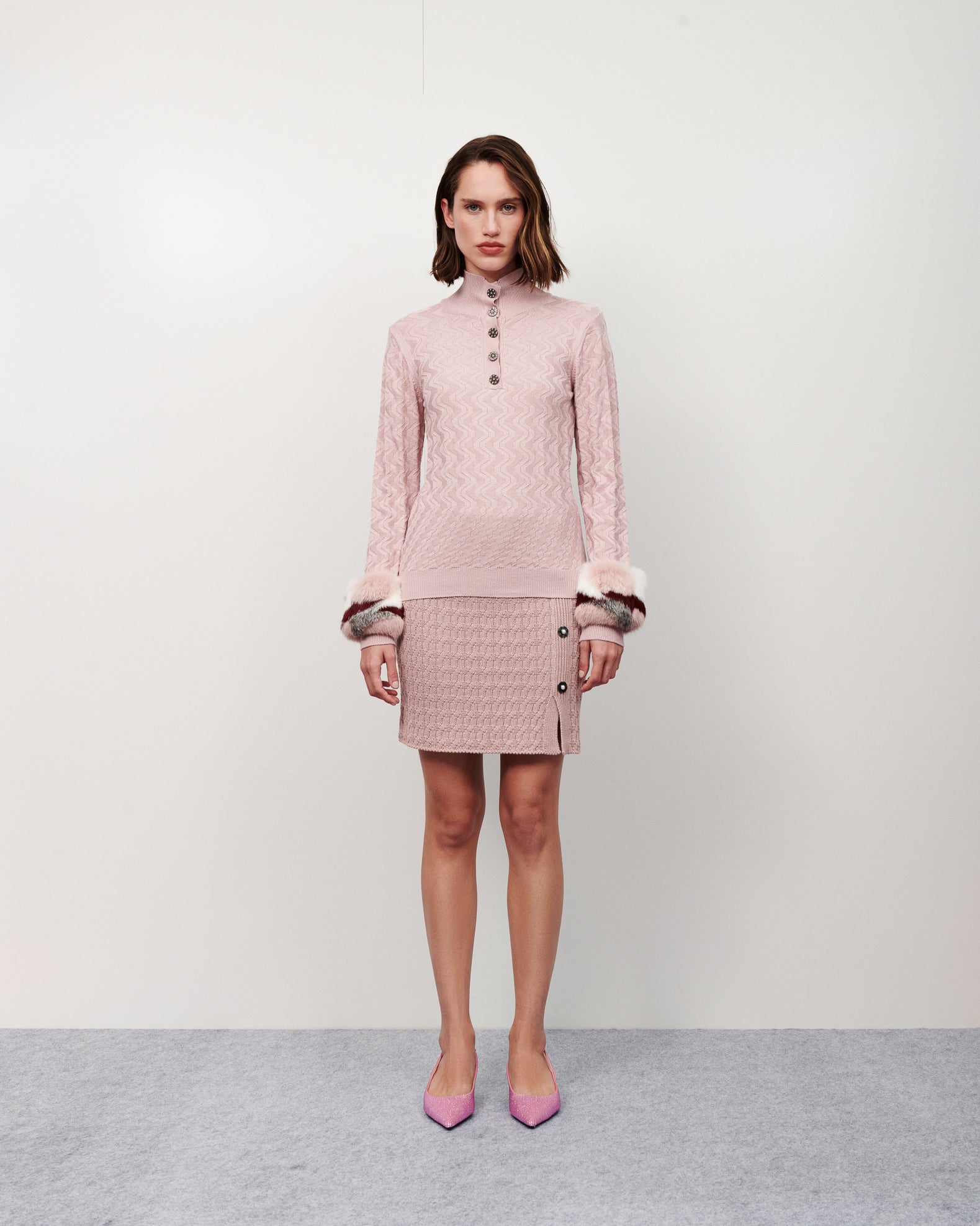 Mes - Blusa tricot gola roule botões punho pele rosé