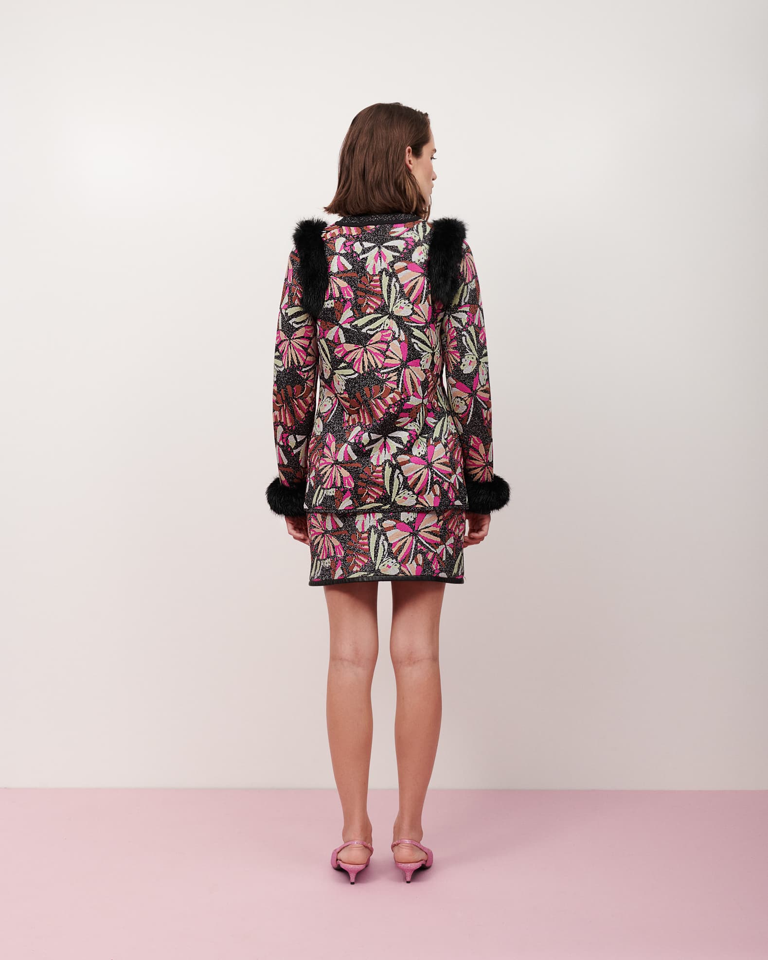 Mes - Cardigan tricot jacquard borboletas ombro/punho pele preto