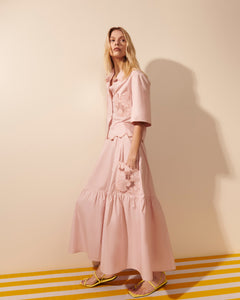 Saia Algodão Longa Bolso Bordado Rosa Blush