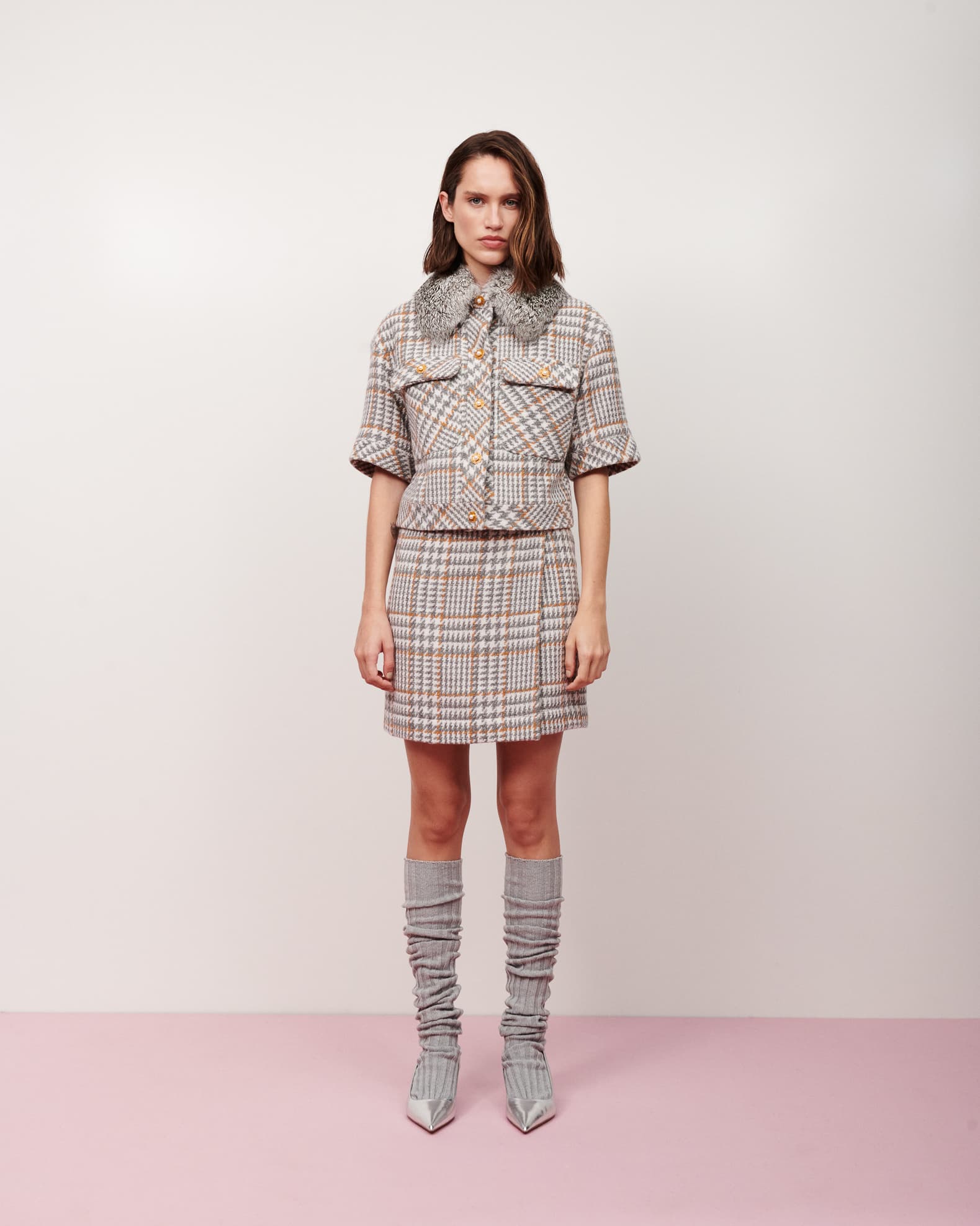 Saia lã tweed mini cinza