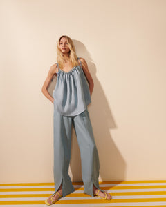 Shop Mes - Calca linho detalhe vivo lateral fenda frente hortencia