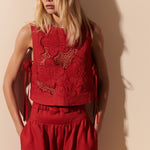 Top linho bordado pala pespontado flamê