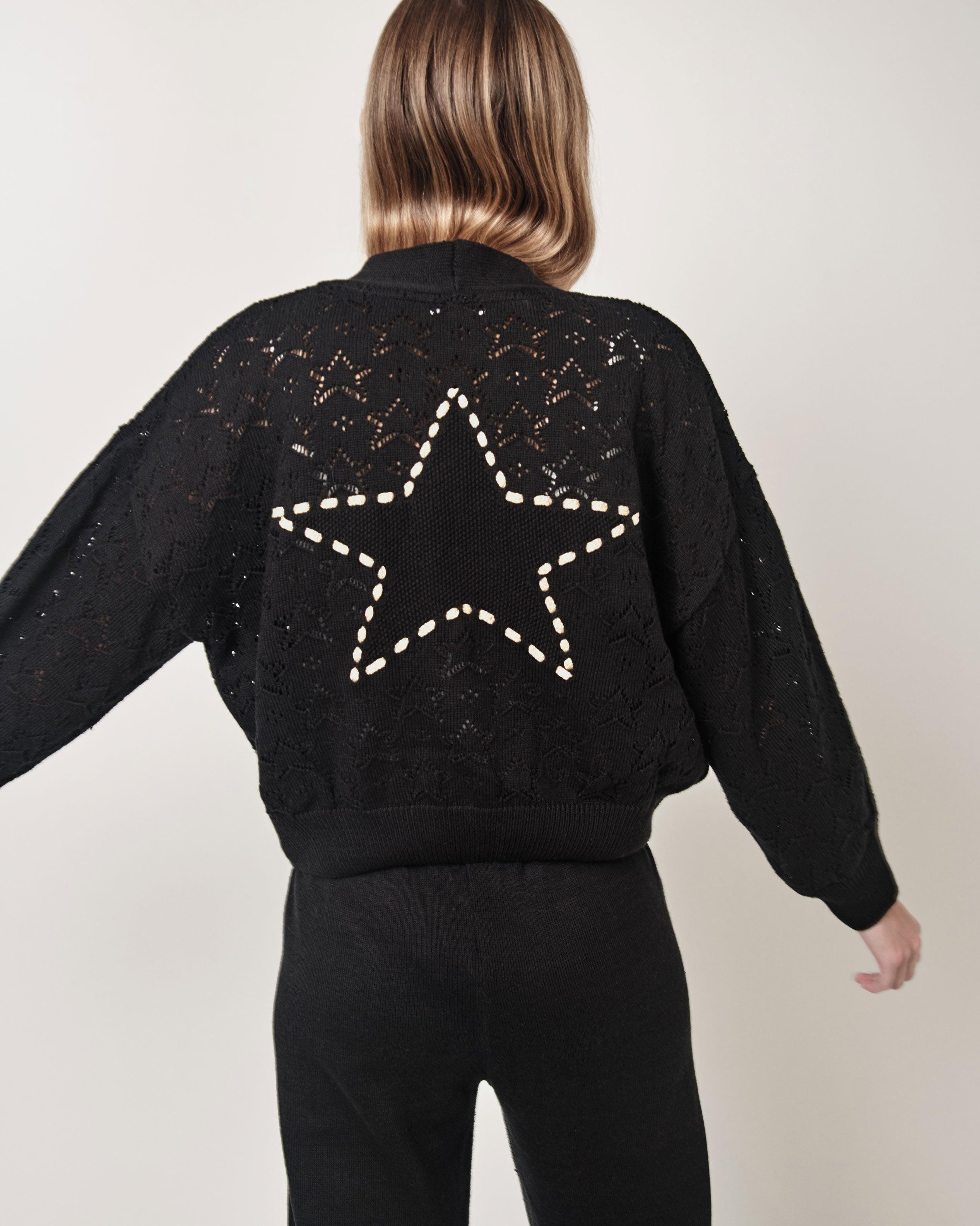 Cardigan tricot rendado estrelas preto - MES